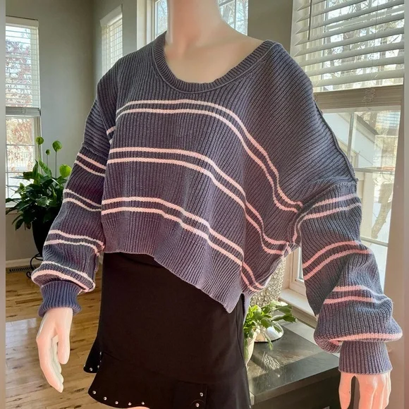 Aerie Blue and White Striped Chunky Drop Shoulder Slouchy Career Woman Medium - Picture 5 of 16